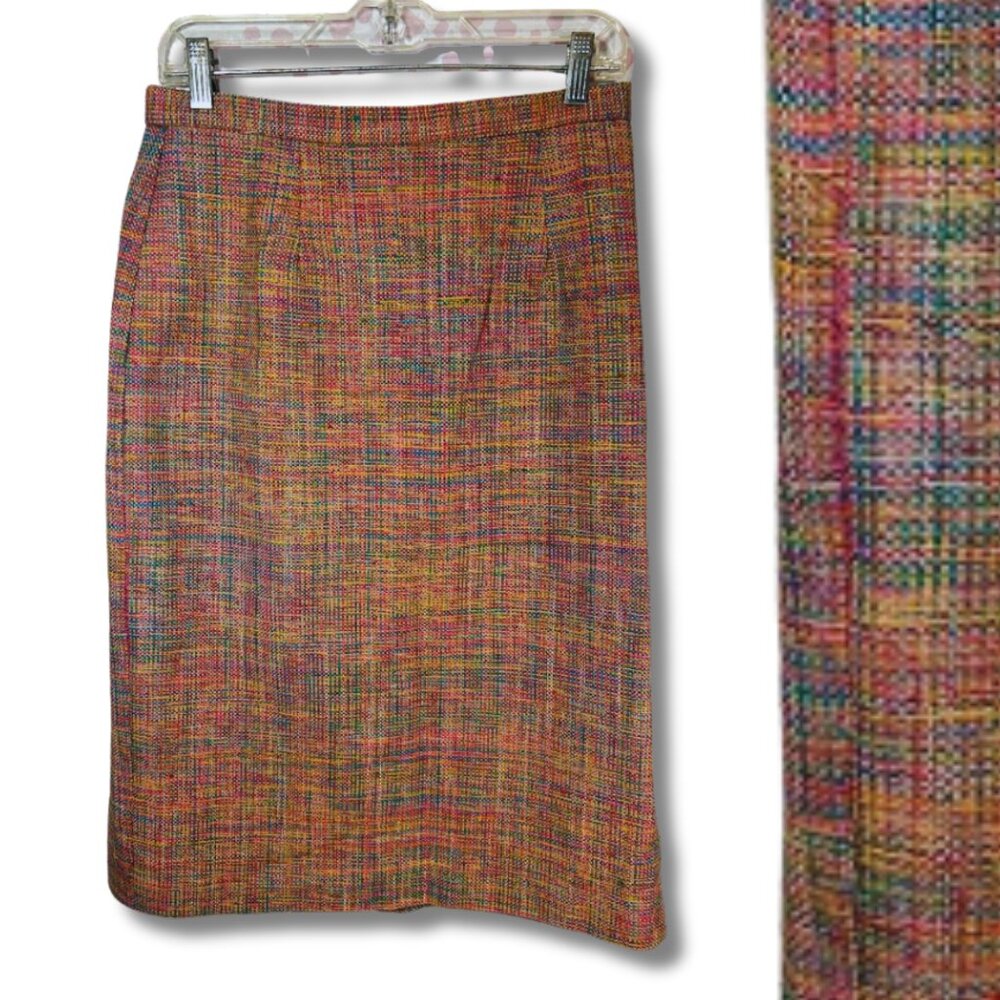 VINTAGE Tweed Twill Womens 12 Skirt Rainbow SILK Pencil Business City 80s Woven